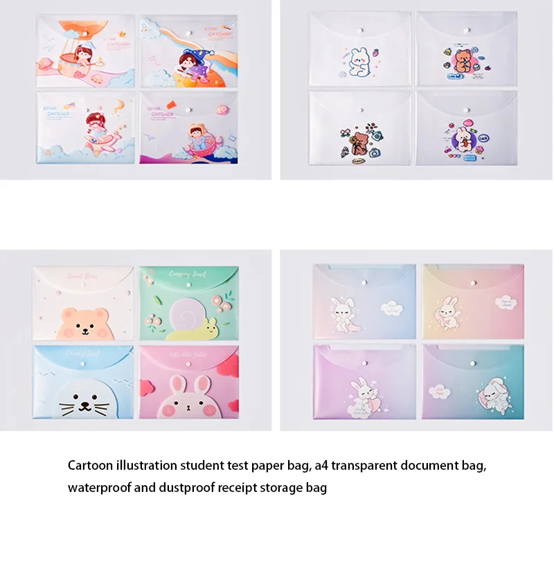 กระเป๋าใส่เอกสารใส่เอกสาร4ชิ้นรูปการ์ตูนน่ารักกล่องปากกากระดุมแบบกดติดกล่องปากกากระเป๋าเครื่องเขียนสำหรับนักเรียน