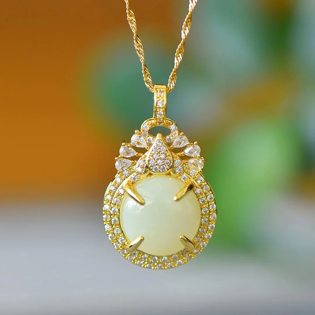 Natural Hetian White Jade Pingente para Mulheres, Cobre Incrustado, Pingentes De Colar De Luxo, Elegante Menina Gemstone Jóias, Presentes