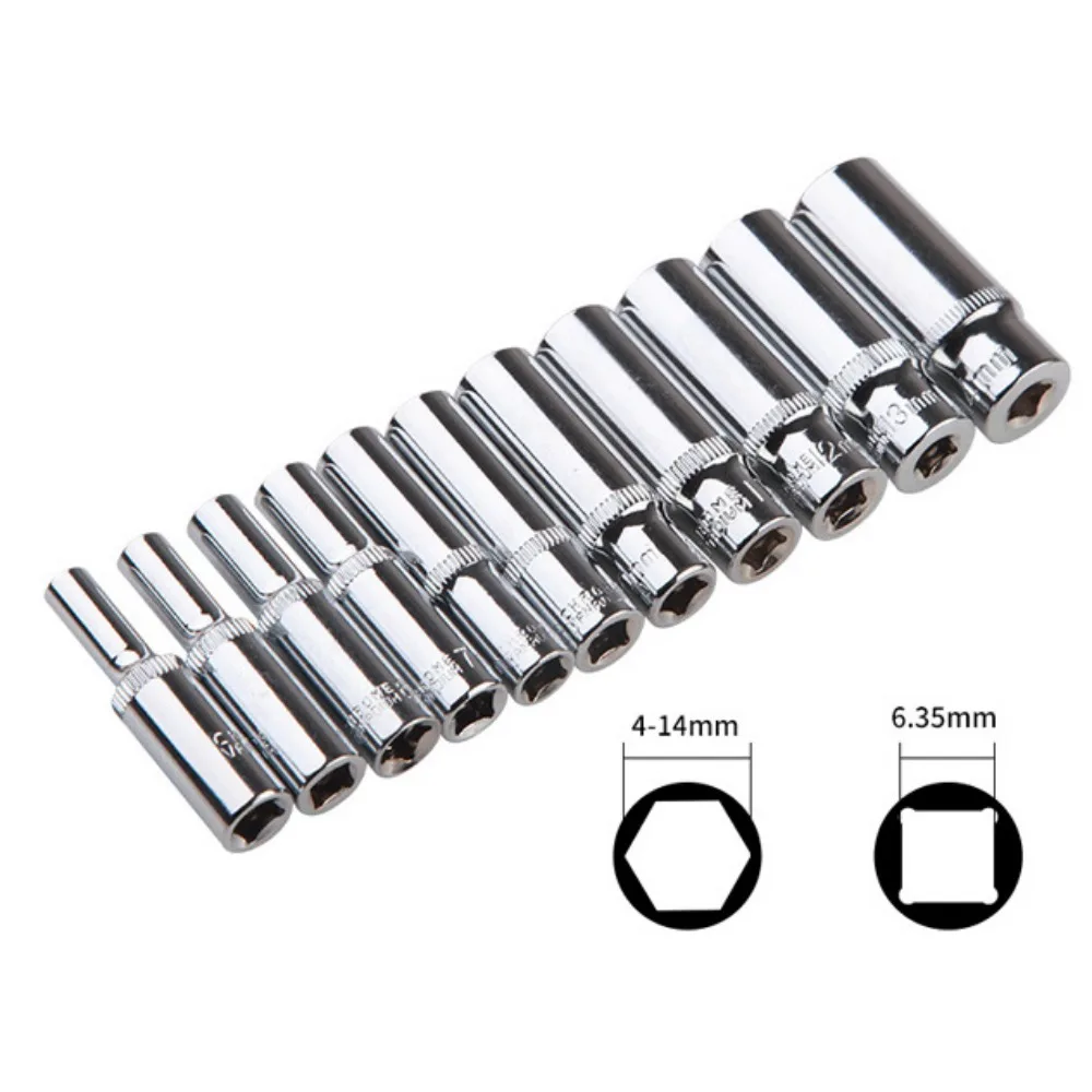 1/4 inch Drive Deep Socket Set 6-Point Metric Long Chrome Socket Set From 4mm to 14mm Professional Grade