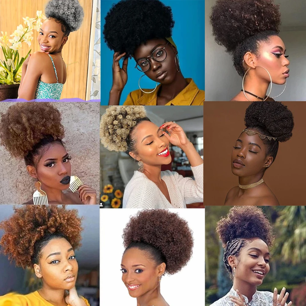Extension de queue de cheval afro bouffante avec cordon de serrage pour femmes noires, queue de cheval afro synthétique courte noire pour cheveux naturels, clip sur kink