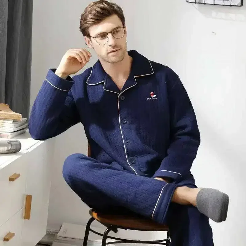 Conjuntos de pijamas gruesos para hombre, ropa de dormir sencilla y cálida, Top de algodón, pantalón, prendas de vestir de ocio, ropa de descanso suave de talla grande, otoño e invierno, 2024