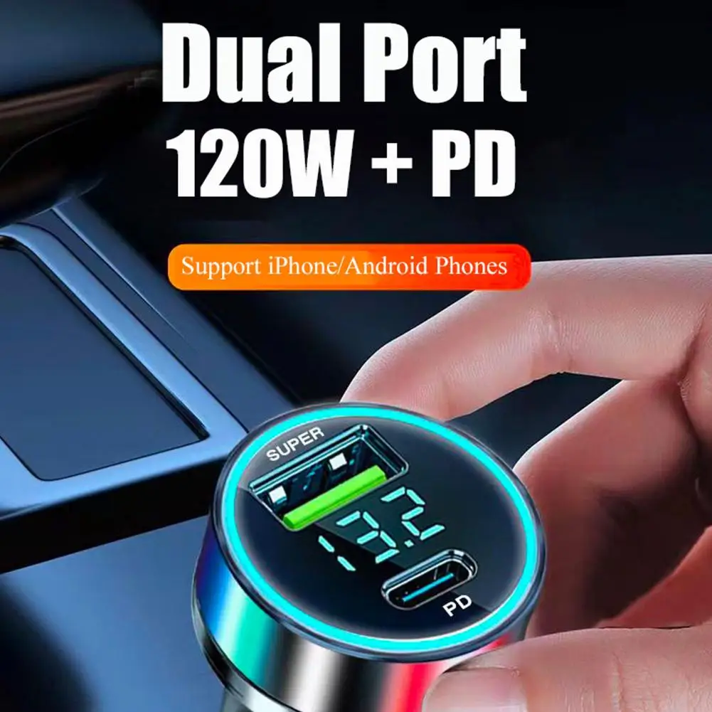 120W USB Car Charger Type C Fast Charging Phone Adapter LED Digital Display Cigarette Lighter in Car For iPhone Xiaomi Samsung