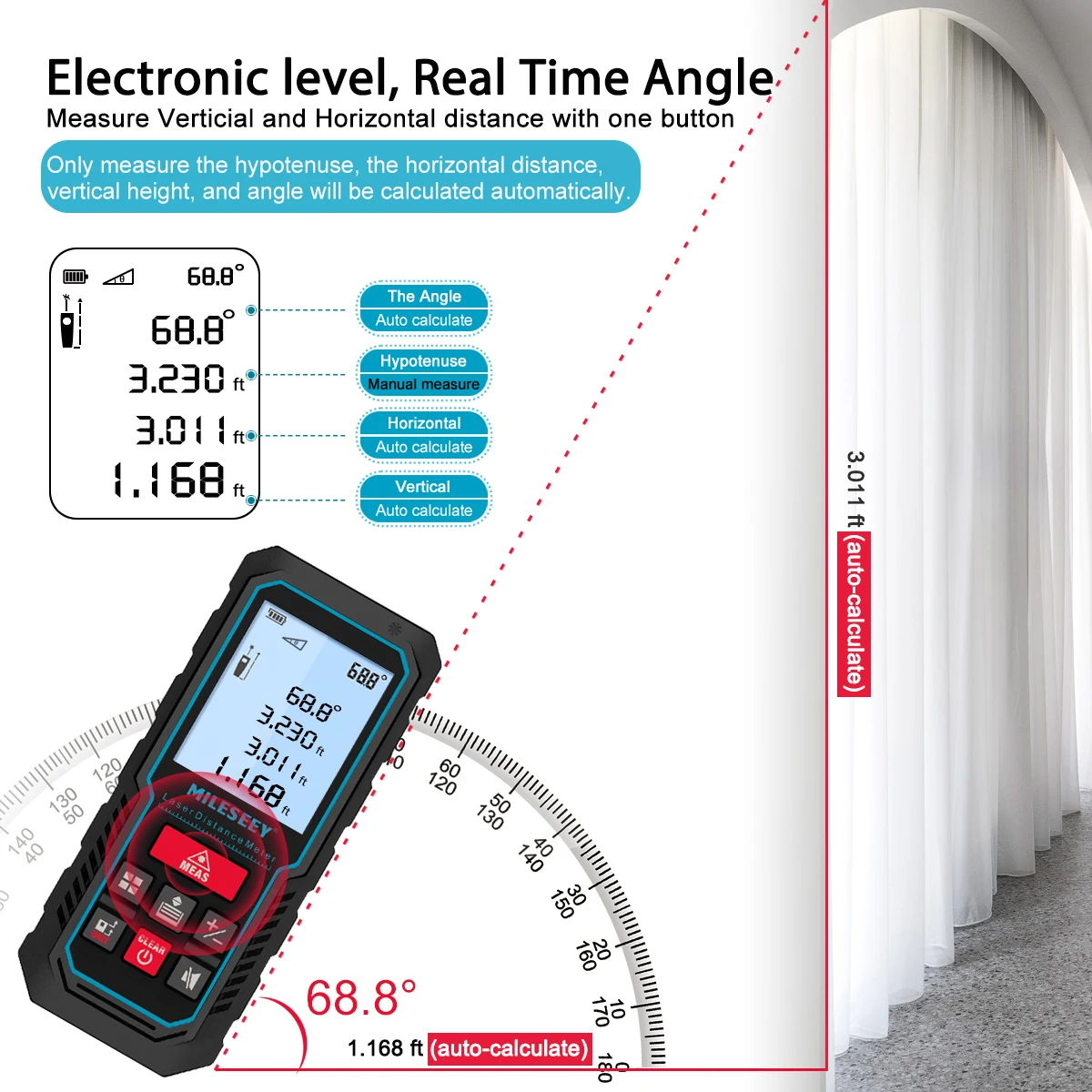 MILESEEY Laser Rangefinder S2 Rechargeable Laser Tape Measure 50M 70M 100M 120M High-Accuracy Trena with Electronic Angle