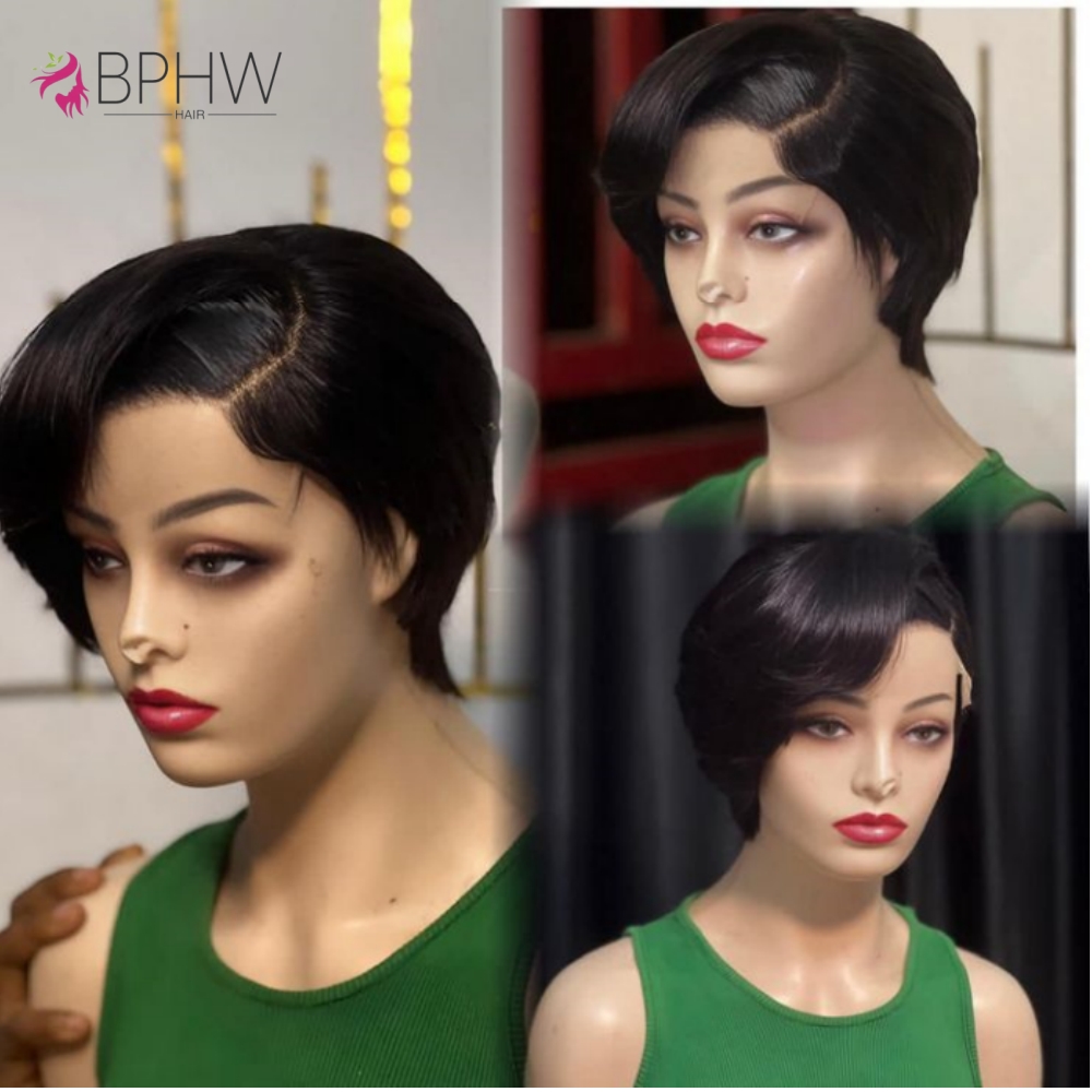 Menselijk haar 13x4 korte pixie-cut haarkant voor vrouwen Zwarte pixie-cut transparante frontale pruik Gelaagde rechte pixie-cut pruiken