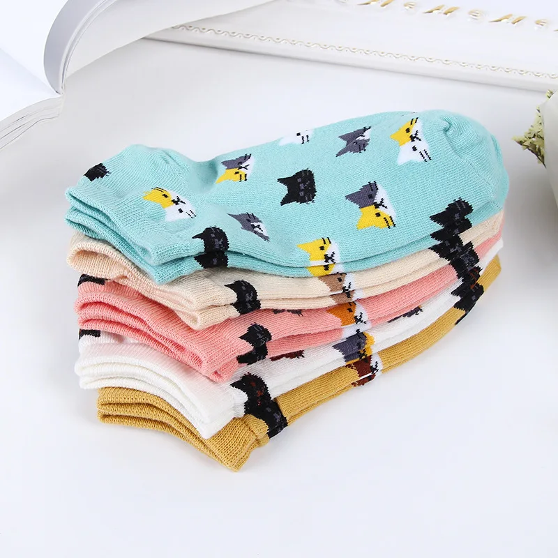 Calcetines tobilleros con diseño de gato para Mujer, medias cortas con dibujos de animales, moda coreana, Kawaii, informal, 5 pares