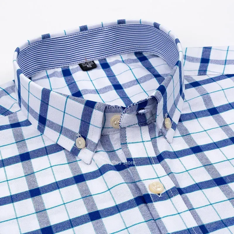 2024 100% algodón puro Oxford de manga corta con cuello cuadrado a rayas a cuadros sólidos camisas casuales de verano camisa de un solo bolsillo