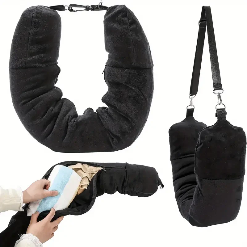 Almofada de pescoço de viagem em forma de U, capa de lã macia ajustável, pode ser preenchida com roupas para conforto
