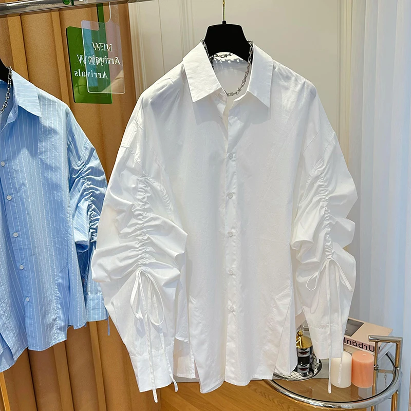 Doce blusa de manga comprida com gola virada para baixo para mulheres, camisas com cordão, novo design, tops de moda, 2024