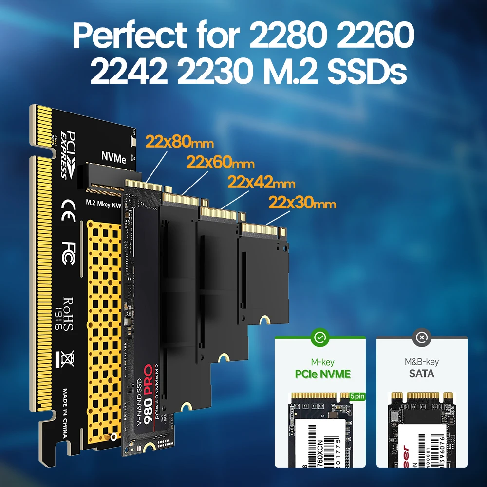 JEYI M.2 NVME to PCIe 4.0 X16 Adapter, M.2 NVMe SSD to PCI-e 4.0 Expansion Card, Supports 2280/60/42/30 Solid State Drives