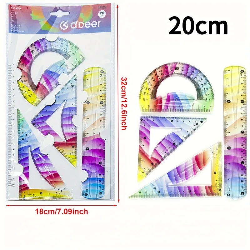 4pcs Colorful Ruler Set - Straight, Protractor & Flexible Ruler for Drawing, School & Office, 20cm/30cm, Craft Supplies