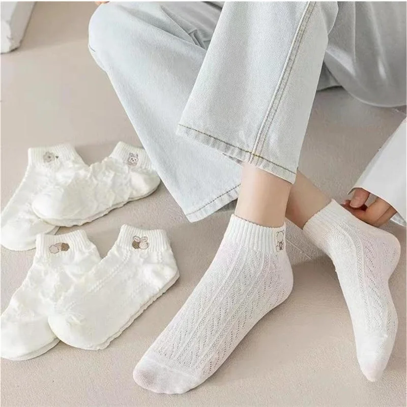 5 pares de calcetines de mujer Primavera Verano lindo oso conejo Arco Iris estampado tobillo calcetines pantalón corto Casual calcetines