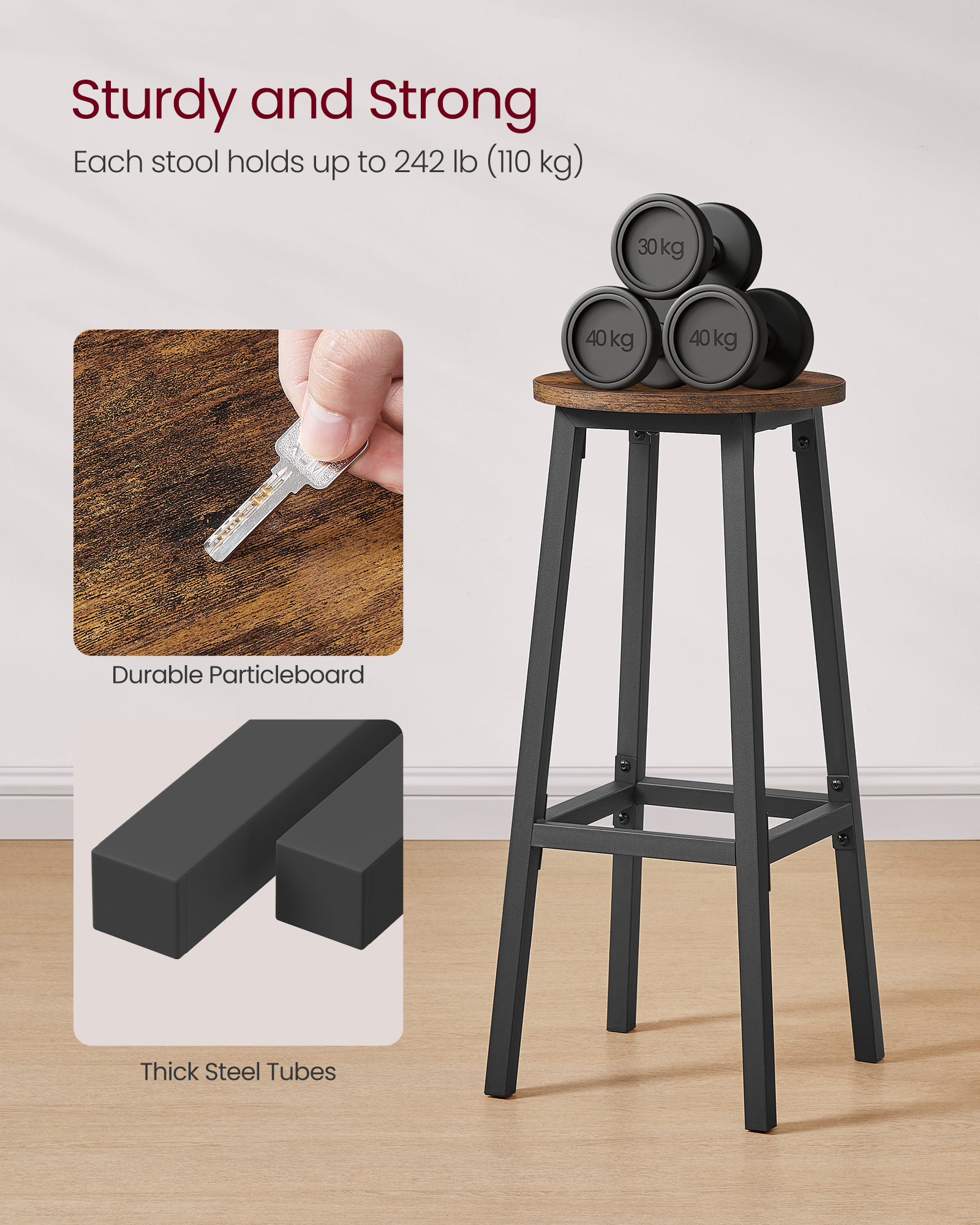 VASAGLE Bar Stool, Set of 2, Kitchen Chair