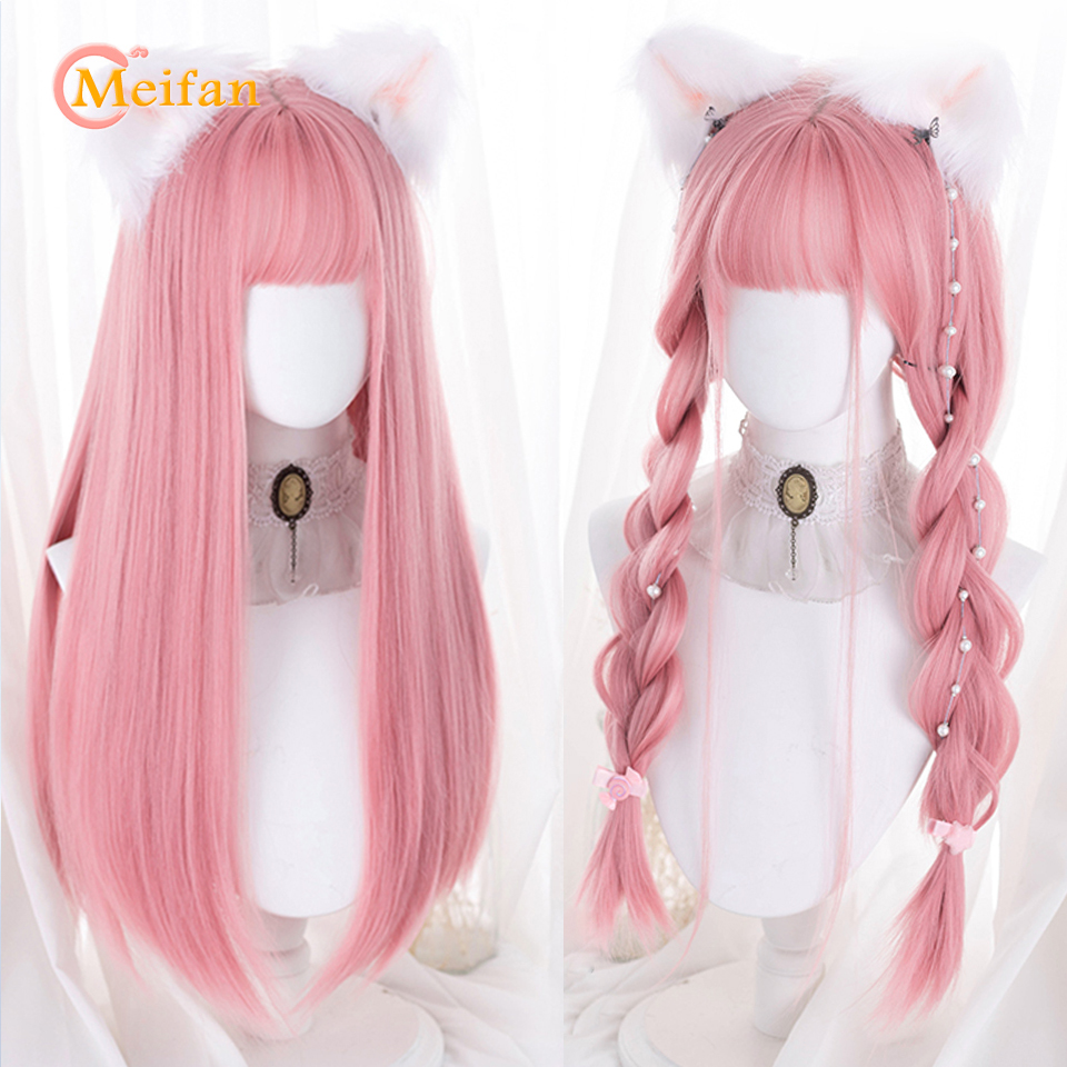 MEIFAN 合成ロングストレートロリータウィッグ前髪ウィッグ女の子かわいいオンブルピンクブロンド黒コスプレパーティーハロウィン原宿ウィッグ