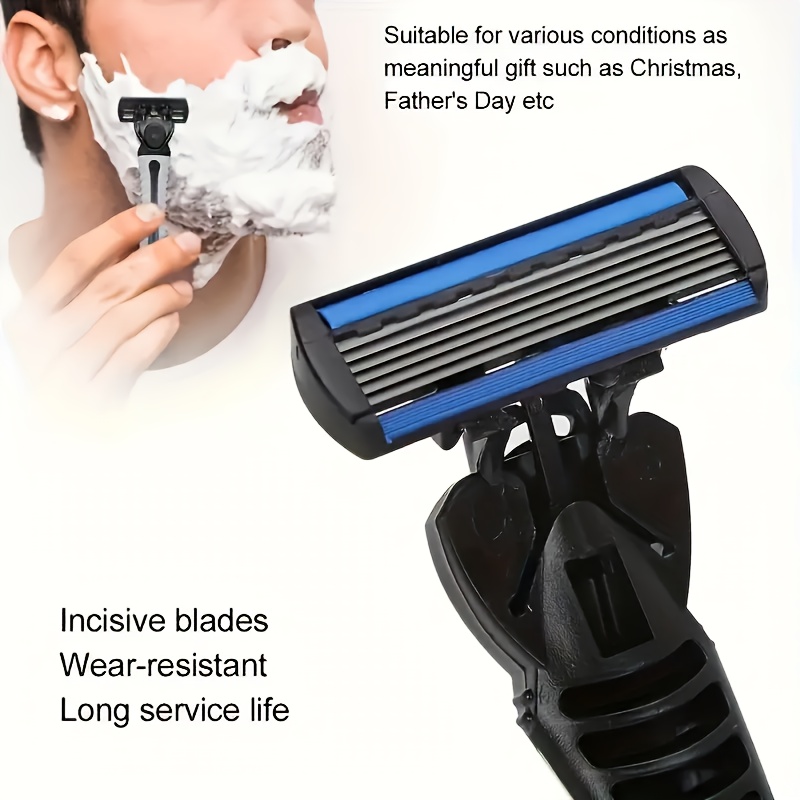 Men's 6-Blade Manual Razor with Non-Slip Handle and Multiple Replacement Blades - Ideal for Trimming Beards and Mustaches