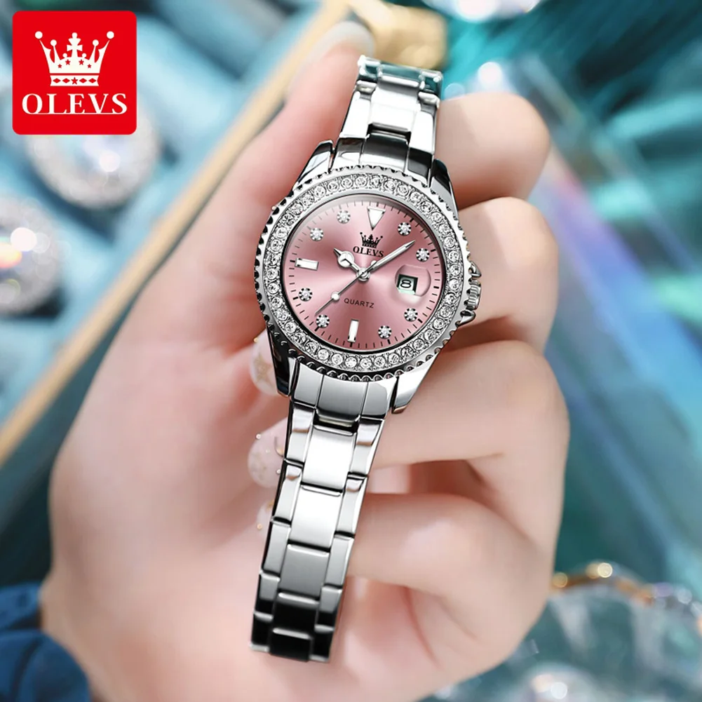 OLEVS, reloj de cuarzo con esfera de diamante de lujo para mujer, relojes elegantes a la moda para mujer, reloj de pulsera resistente al agua de acero inoxidable para mujer