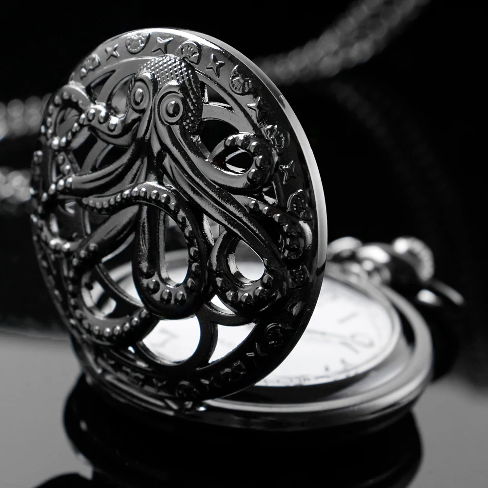 빈티지 다크 몬스터 문어 중공 석영 주머니 시계 Steampunk 블랙 FOB 체인 시계 펜던트 목걸이 남자 어린이 선물