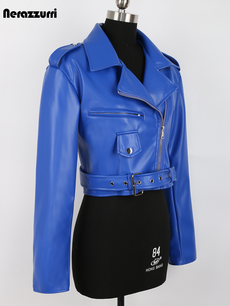 Nerazzurri Frühling Herbst Blau Kühlen Kurze Weiche Faux Leder Biker Jacke Frauen Langarm Gürtel Hohe Qualität Kleidung Mode