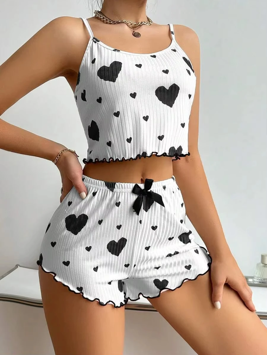 Coração impressão conjunto de pijama feminino com nervuras pijamas cami topo shorts bonito arco loungewear macio e confortável pj conjunto nova moda chegada