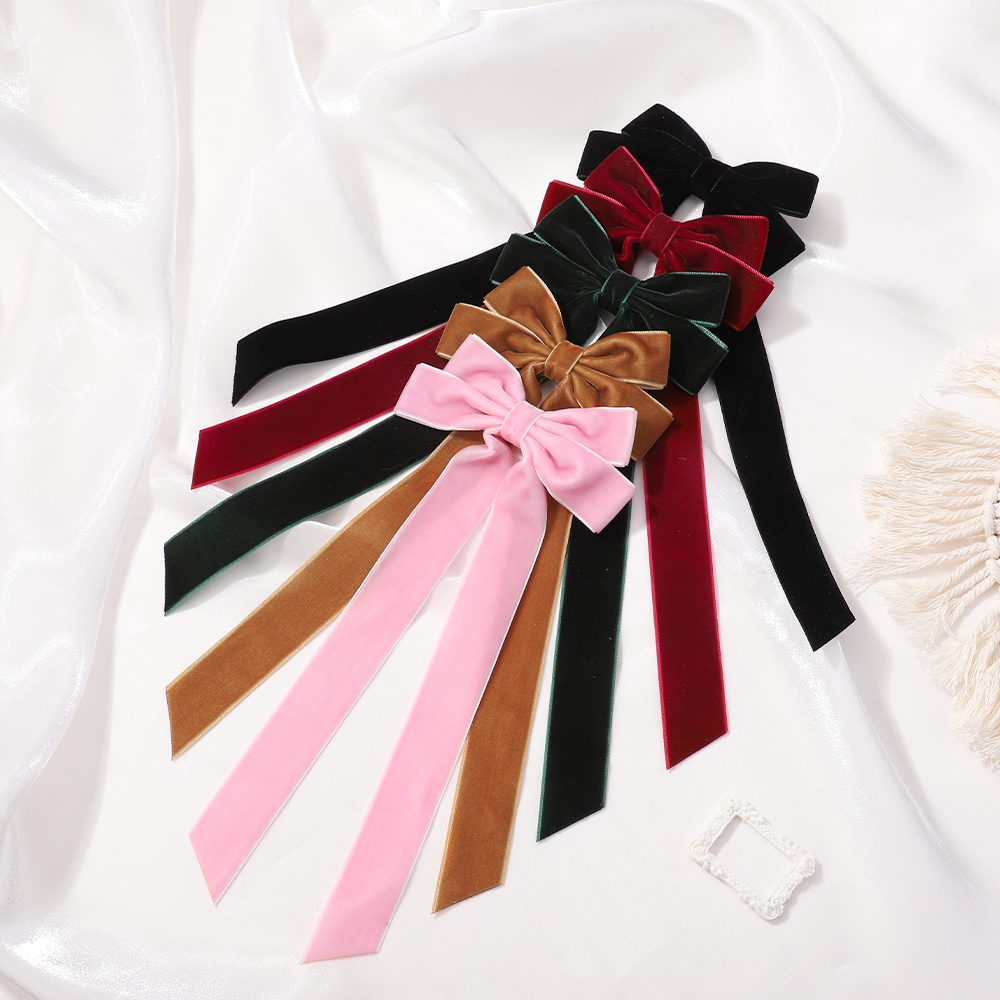 2 個ヴィンテージビッグ大ベルベットの弓ヘアピンバレッタ女性女の子結婚式ロングリボン韓国ヘアクリップヘアグリップヘアアクセサリー