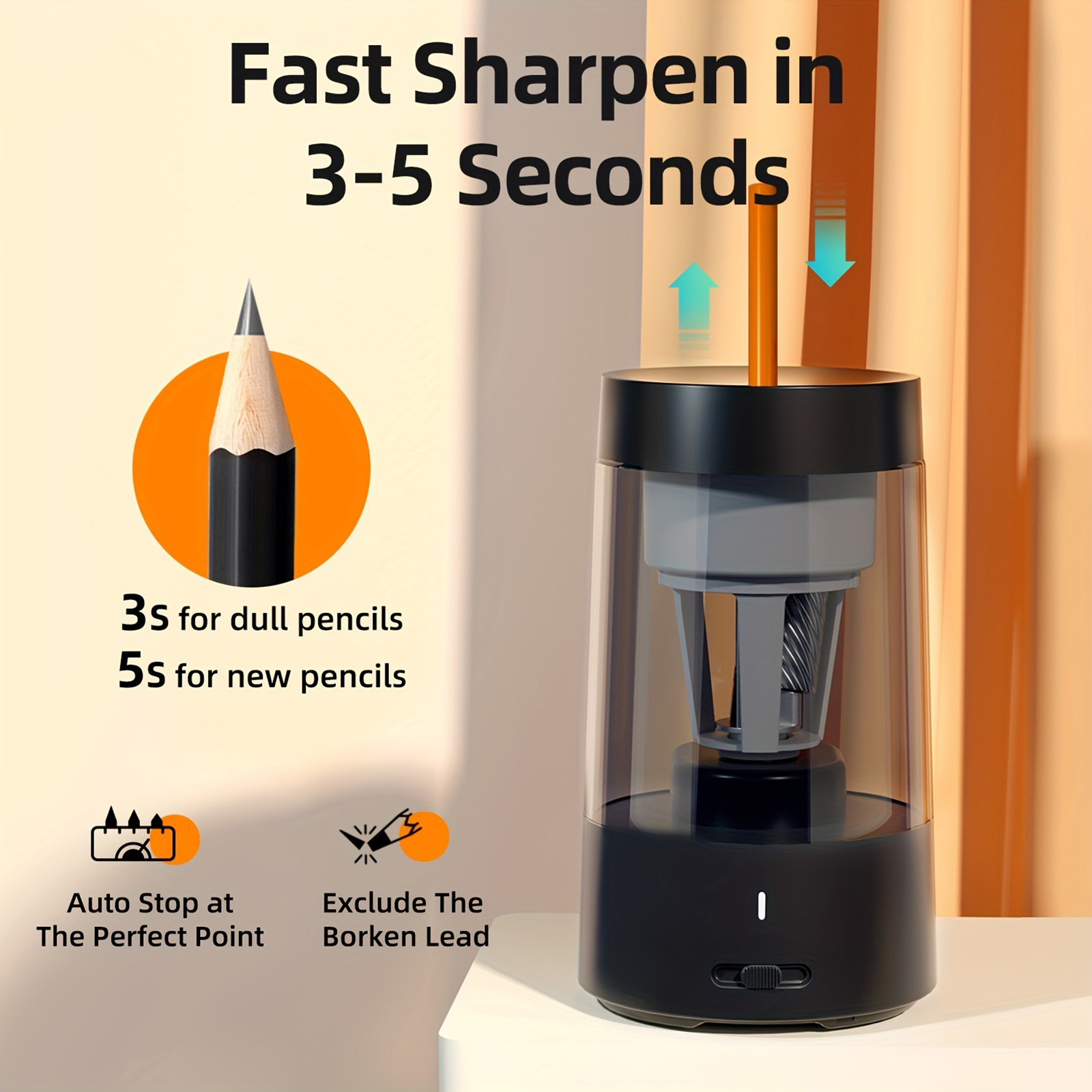 Electric Pencil Sharpener Electric Pencil Sharpener Fully Automatic Fast Sharpen Portable for 6mm-8mm Wood Pencils School Office