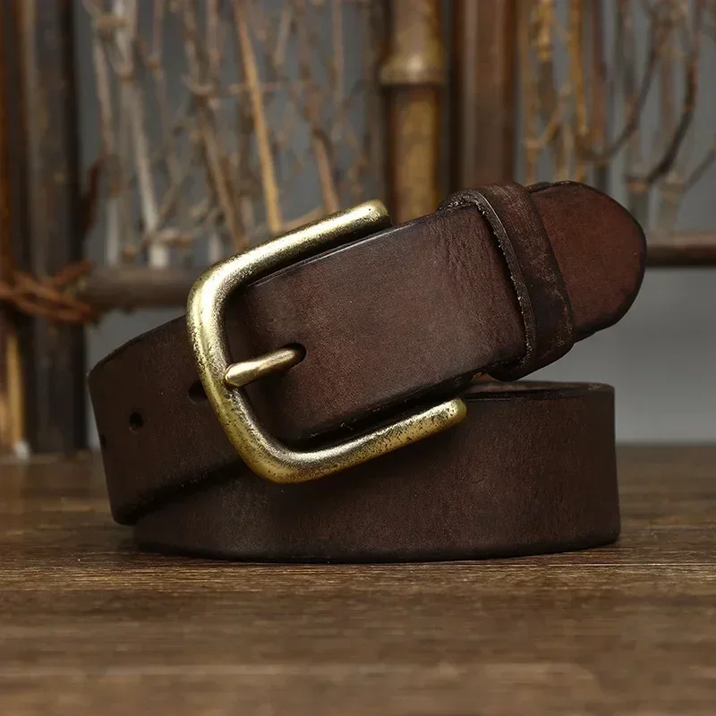 Cinturón de cuero genuino de 3,3 CM, correa de lujo para hombre, hebilla de cobre de Cuero de vaca puro a la moda, hebilla Retro clásica salvaje de alta calidad
