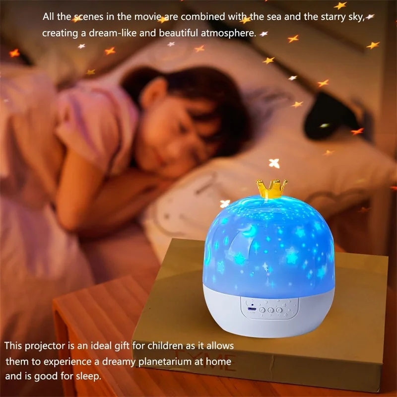 Coroa estrela luz projeção rotativa estrela quarto teto atmosfera noite lâmpada estrelas presente de aniversário das crianças com folhas de filmes