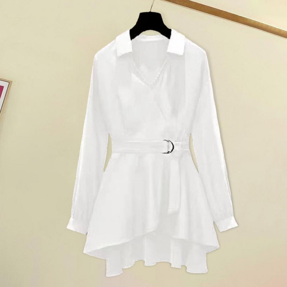 M-4XL frauen Shirt Revers V-ausschnitt, Langen Ärmeln Unregelmäßigen Saum Plus Größe Taille Enge Einstellbare Gürtel Pullover Shirt Weibliche kleidung