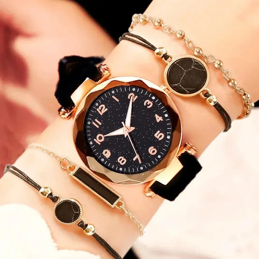 5 pçs conjunto de relógios das mulheres conjunto senhoras moda relógio preto feminino novo simples casual feminino analógico relógio de pulso pulseira presente sem caixa