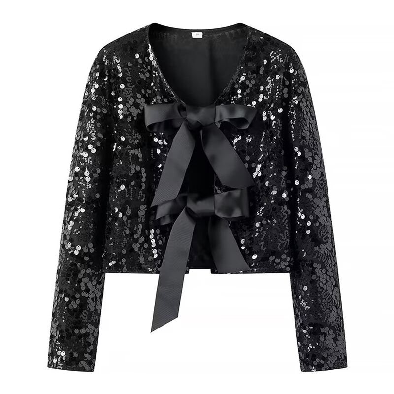 แฟชั่นเลื่อม Bow Lacing Up เสื้อผู้หญิงเสื้อแขนยาว Outwear WARM Winter Lady เสื้อฤดูหนาวชุดราตรี Streetwear Tops