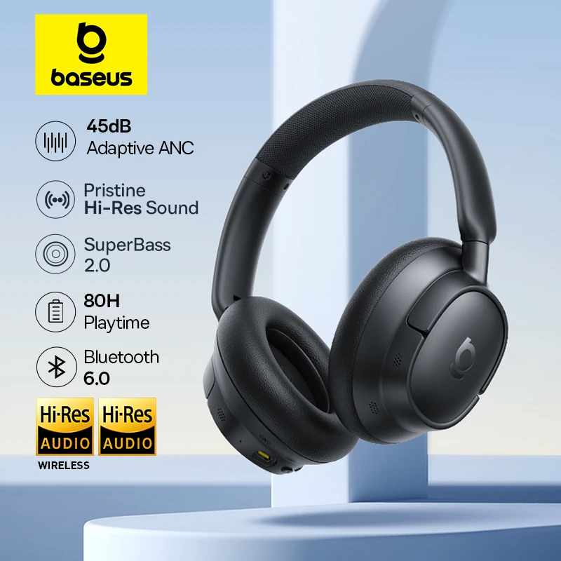 Baseus EH10 NC ANC Auriculares inalámbricos 45dB Auriculares híbridos adaptables con cancelación de ruido Auriculares LDAC de alta resolución Bluetooth 6,0 80 horas