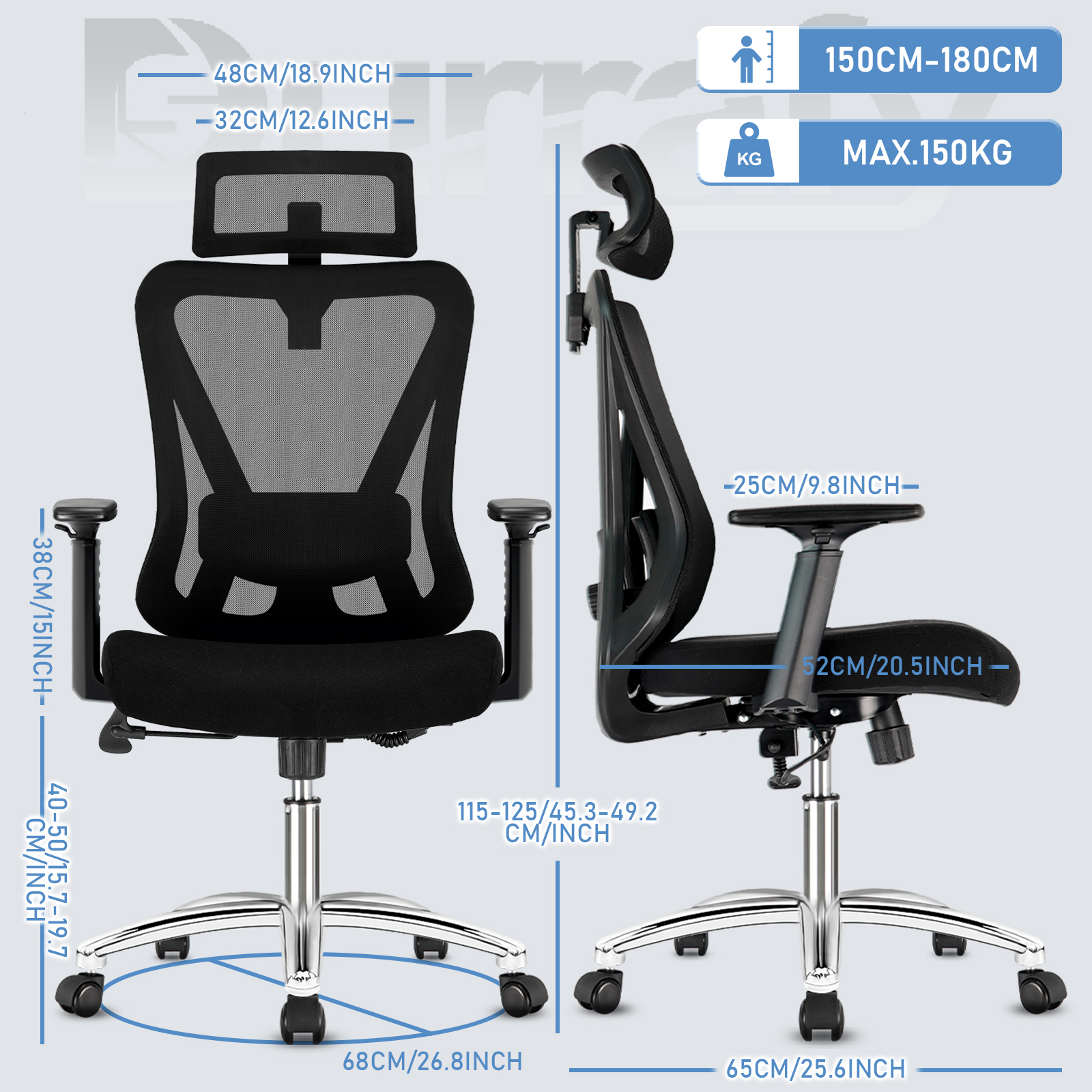 Durrafy Ergonomische bureaustoel, pc-gamingstoel, bureaustoel met hoofdsteun, armleuning, lendensteun, kantel- en schommelfunctie