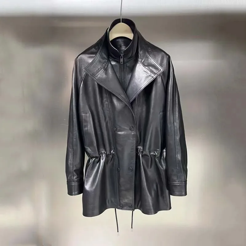 Echte Lederjacke, normale Länge, Damenmantel, Frühling, plissierter Taillenstil, Doppelrevers-Design, natürliches echtes Schaffell