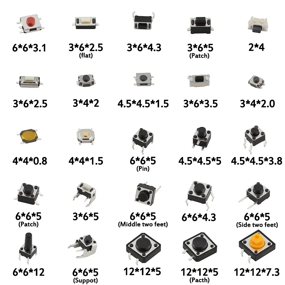 125Pcs 25Types Micro Switch Push Button Tact Switches Reset SMD DIP 2x4 3x6 4x4 6x6 DIY Assorted Kit for Electronics Projects