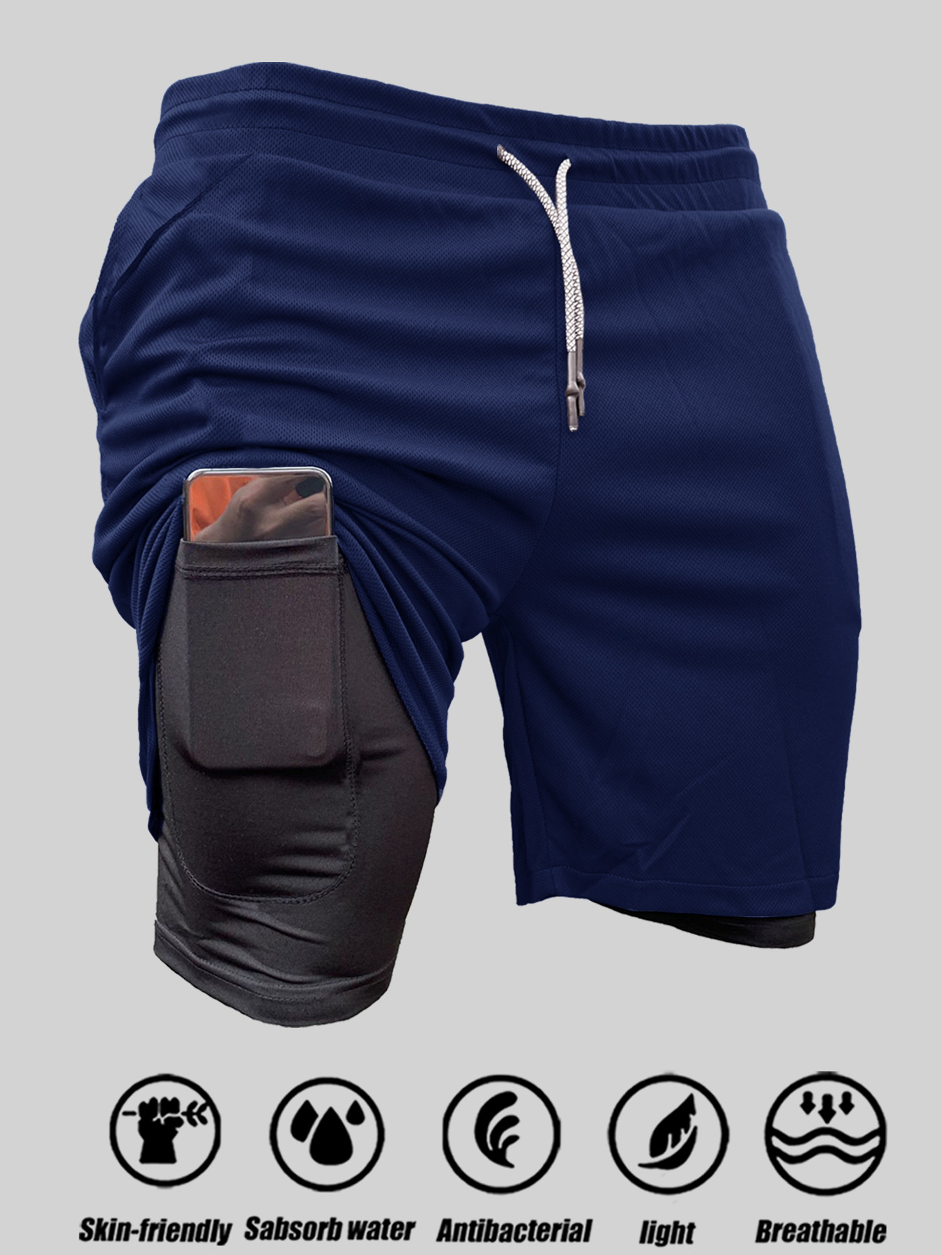 Sportshorts voor heren, dubbellaags, 2-in-1, sneldrogend, ademend, casual shorts, zomertraining, hardloopsportkleding, korte broek