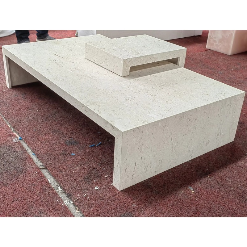 Mesa de centro retangular luxuosa moderna, bege natural, pedra calcária, design criativo, mesas de mármore