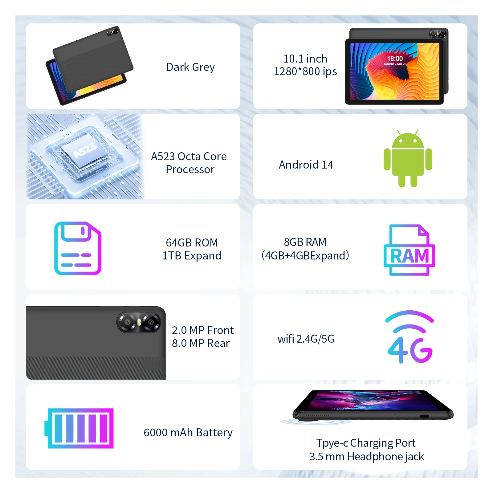 Tablet Android de 10,1" com processador Octa-core 8 GB (4 + 4 GB virtual) RAM 64 GB ROM HD IPS Touchscreen, Wi-Fi 6, BT 5.0, câmera dupla