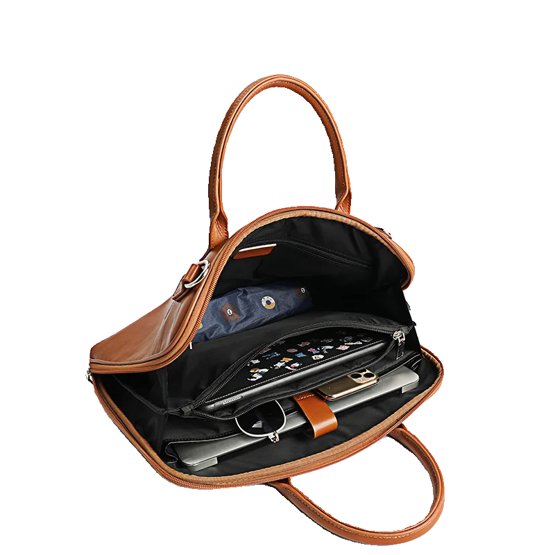 New Genuine Leather Women Handbag First Layer Cowhide Briefcase Thin Layer 14 Inch Computer Bag Portable Shoulder Work Bags