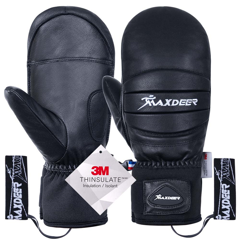 MAXDEER Skihandschuhe Leder Snowboard Fäustlinge Herren Damen Skifahren Schneemobil Schneesport Winter Thermohandschuhe Wasserdicht Winddicht