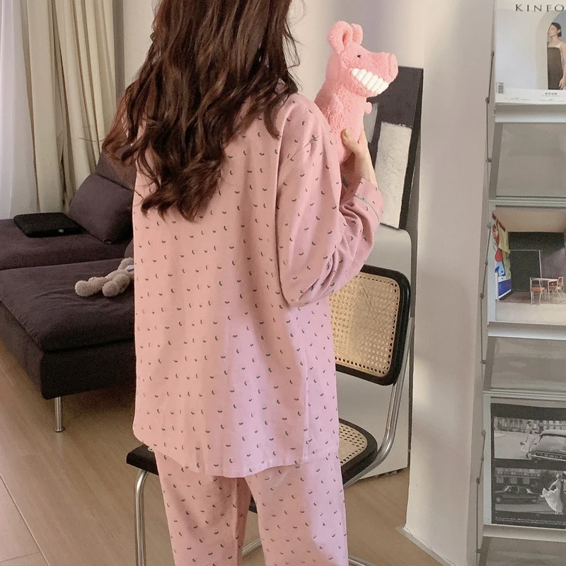 2024 ชุดนอนชุดนอนเกาหลีผู้หญิงฤดูร้อนน่ารักพิมพ์ชุดนอนแขนยาว Pijama หญิงชุด Negligee เสื้อสเวตเตอร์ถัก