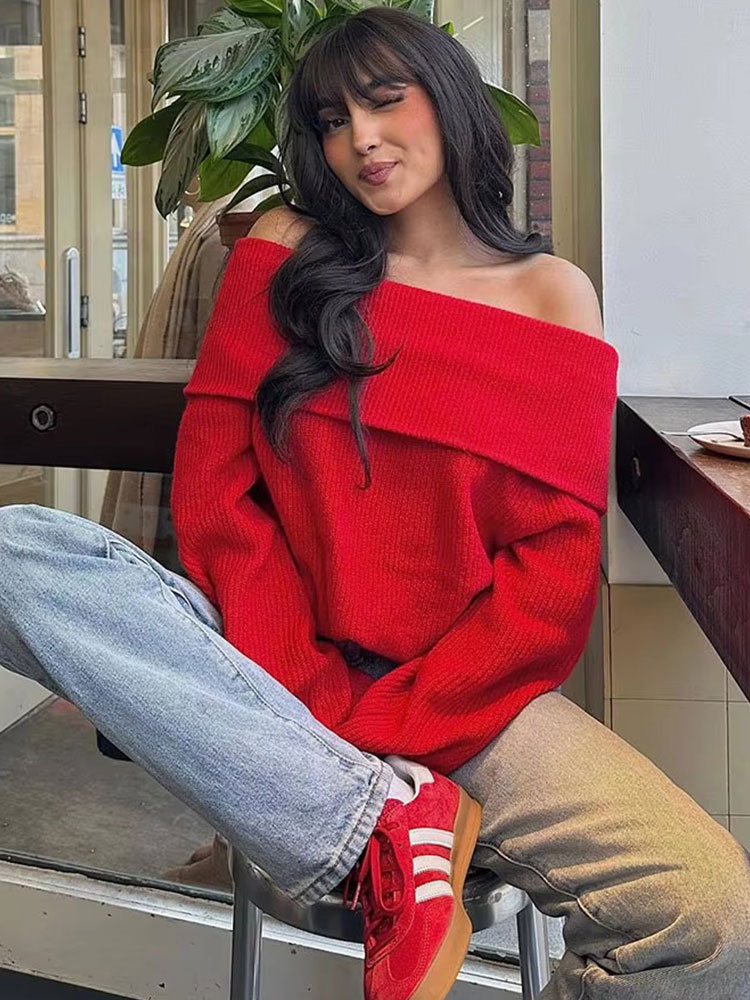 Hh moda feminina sólida fora do ombro camisola de manga longa pulôver de malha camisola outono feminino casual malhas chique topo