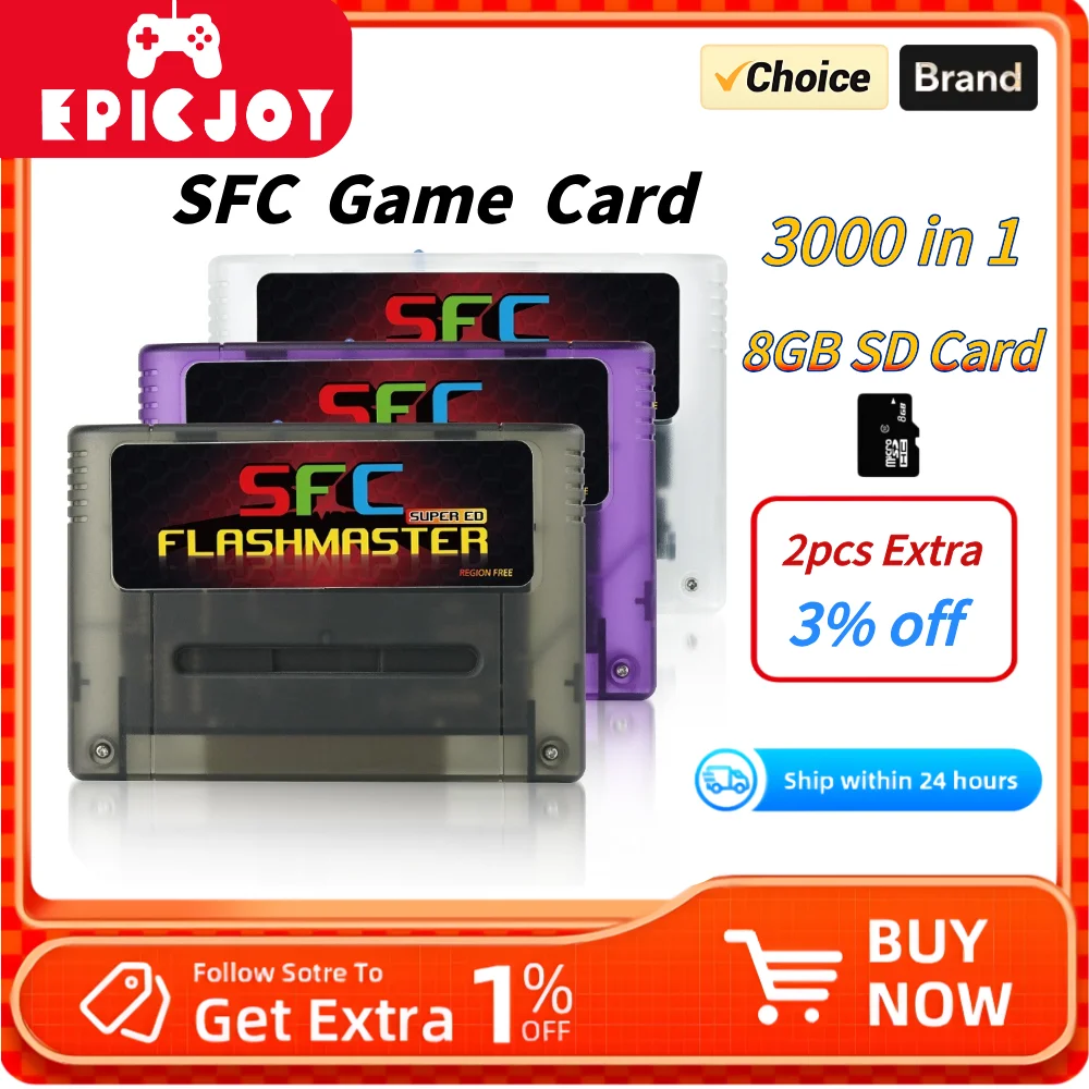 Tarjeta de juego Super SFC 3000 en 1 con tarjeta TF de 8GB para consola de juegos Nintendo SNES SFC Compatible con consolas originales de EE. UU., UE y JP