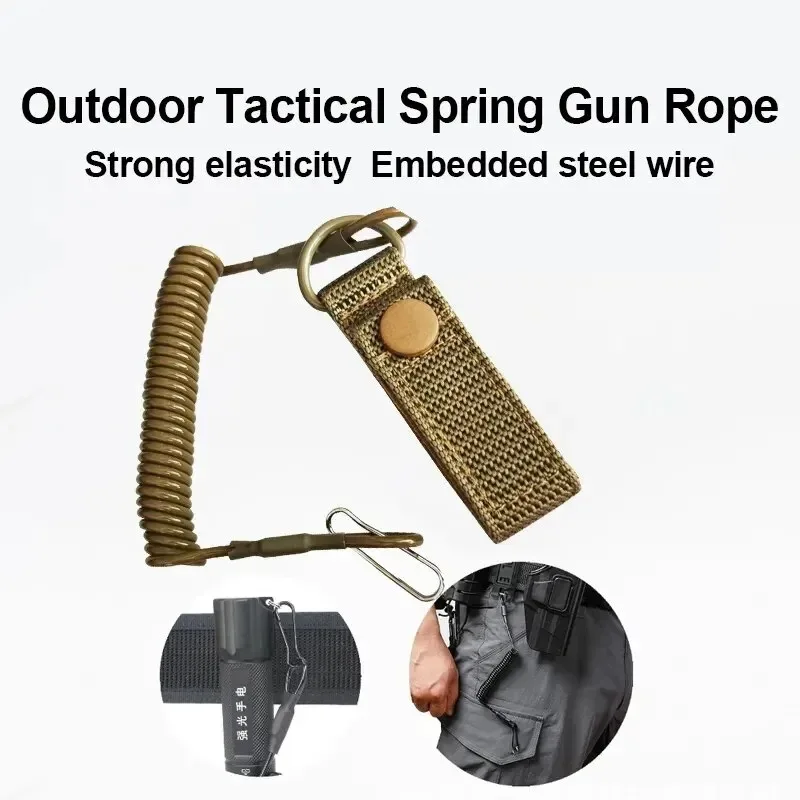 Elastisch tactisch sleutelkoord, anti-verloren, militair, veer, veiligheidspistoolriem, sleutelhanger, ketting, zaklamp, jachtaccessoires