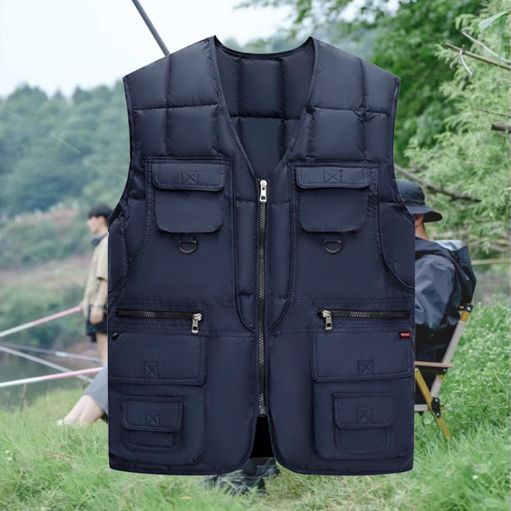 Men Down Vest 10 Pockets Cargo Vest Sleeveless Zipper Placket Vest Coat Multi Pockets Solid Windproof Warm Padding Down Jacket