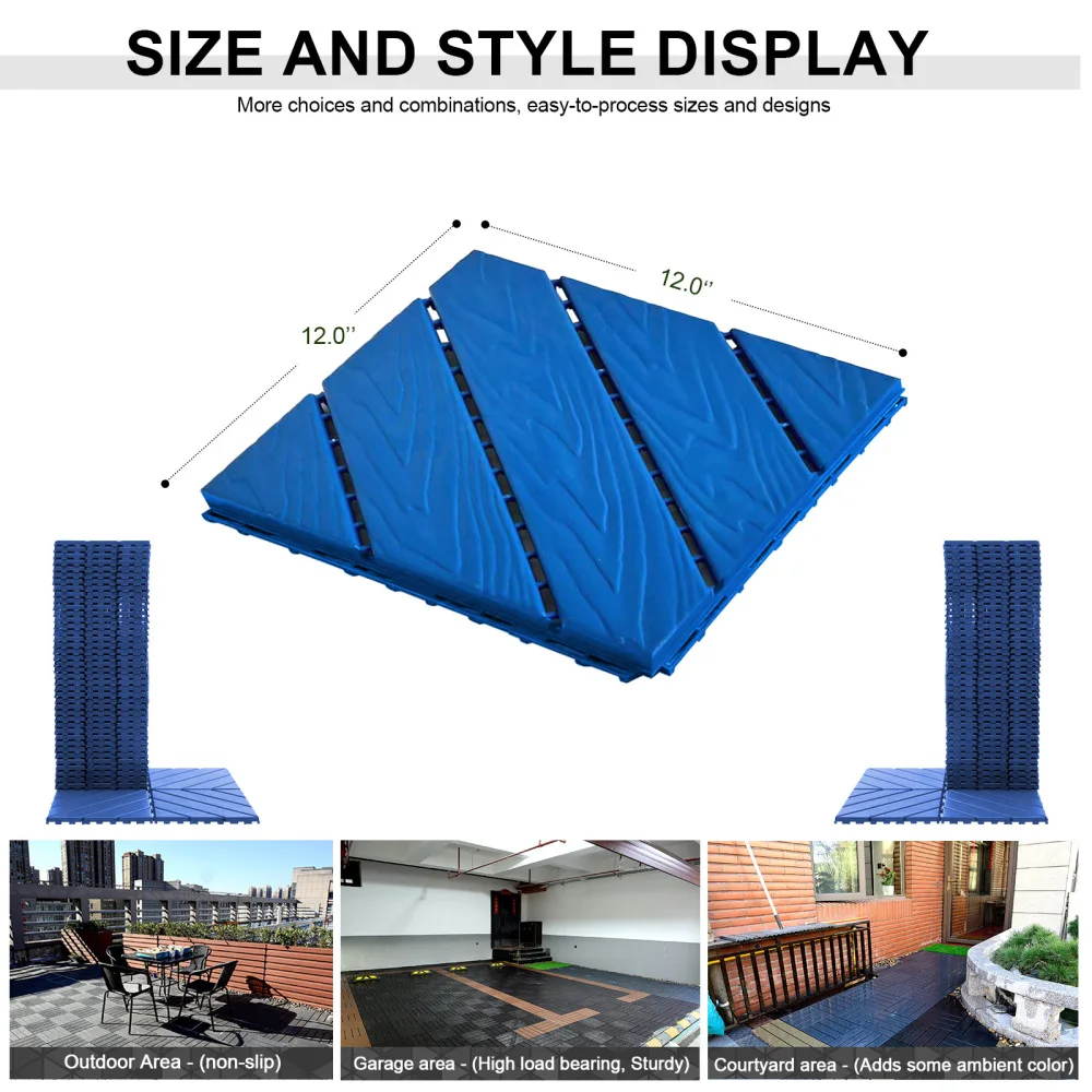 Plastic Interlocking Tiles, 44 Patio Tiles, 12" x 12" for Poolside Balcony Backyard Patio Deck Tiles, Blue