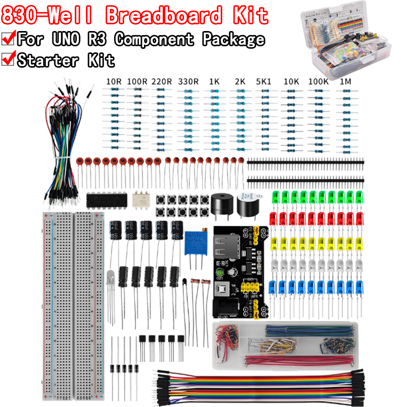 Elektronische Komponenten Kit Pack Starter DIY Projekt für Arduino R3 Gemeinsame Kondensatoren Widerstände Kondensatoren 830-Well Breadboard