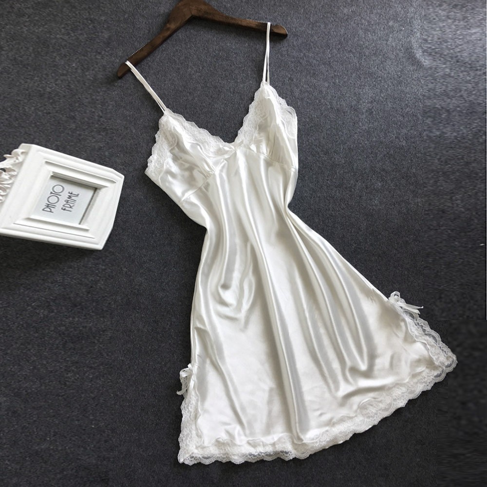 Vestido de dormir de satén para mujer, picardías de encaje con lazo sexi, lencería Pron con cuello en V, ropa interior de talla grande para mujer, pijama íntimo con soporte para sujetador