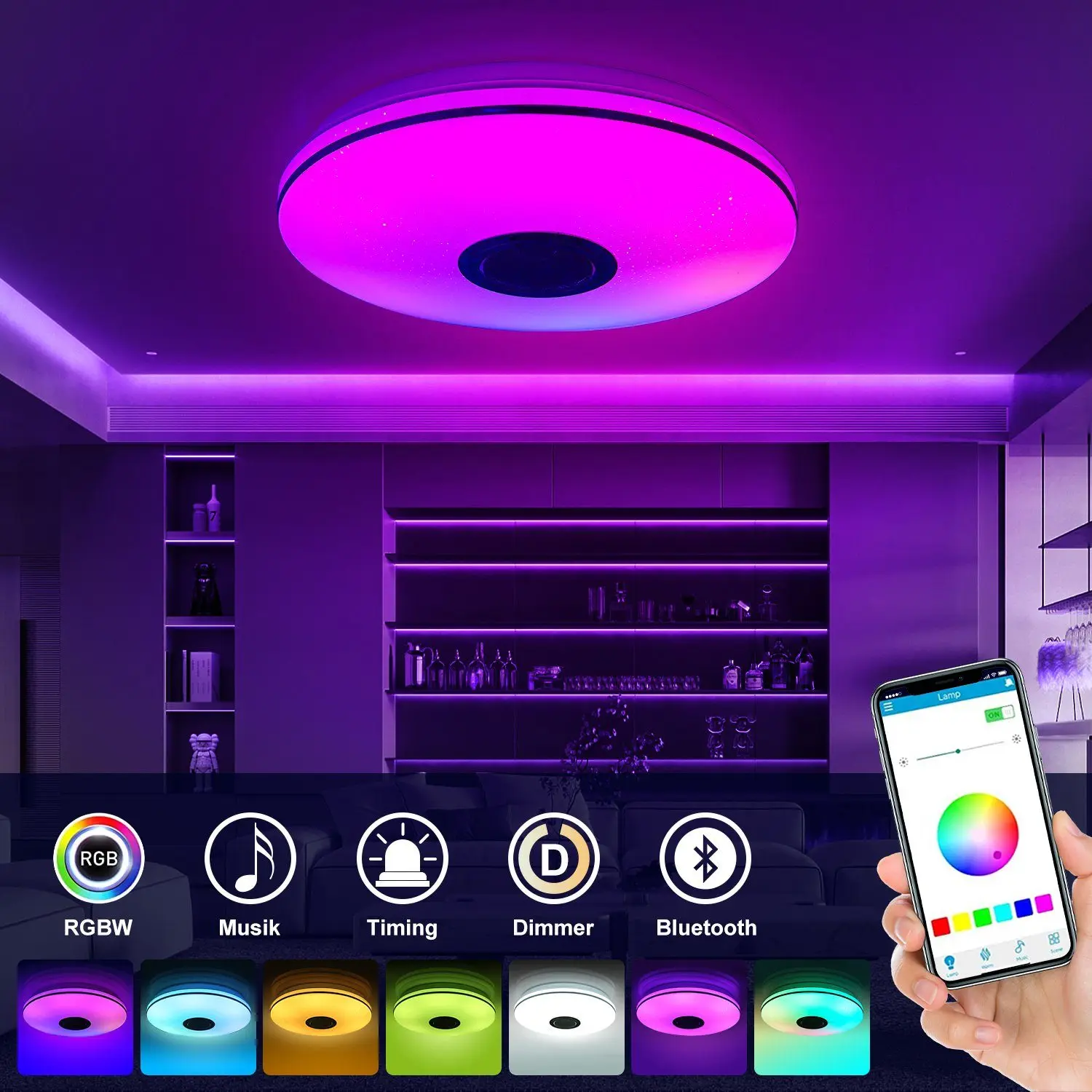 36-W-LED-Deckenleuchte mit Bluetooth-Lautsprecher, dimmbar mit Fernbedienung und APP-Steuerung, LED-Deckenleuchte mit RGB-Farbwechsel