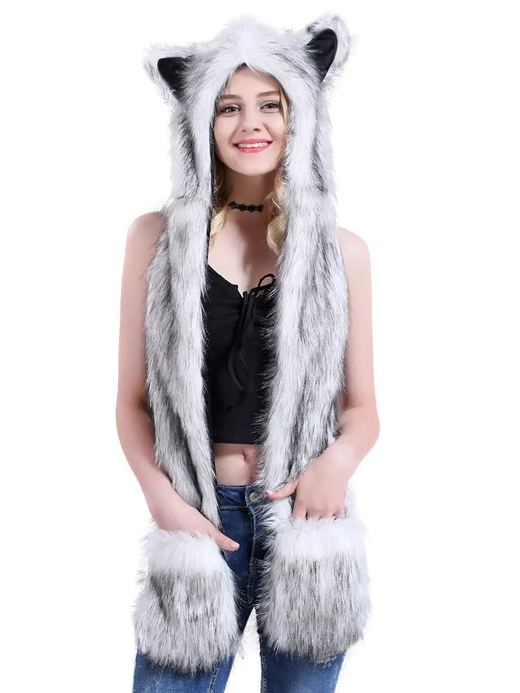 Neve lobo, capa de pele do falso chapéu animal orelha luvas 3 in1 velo com capuz de pelúcia quente earmuff warcraft boné com cachecol luvas