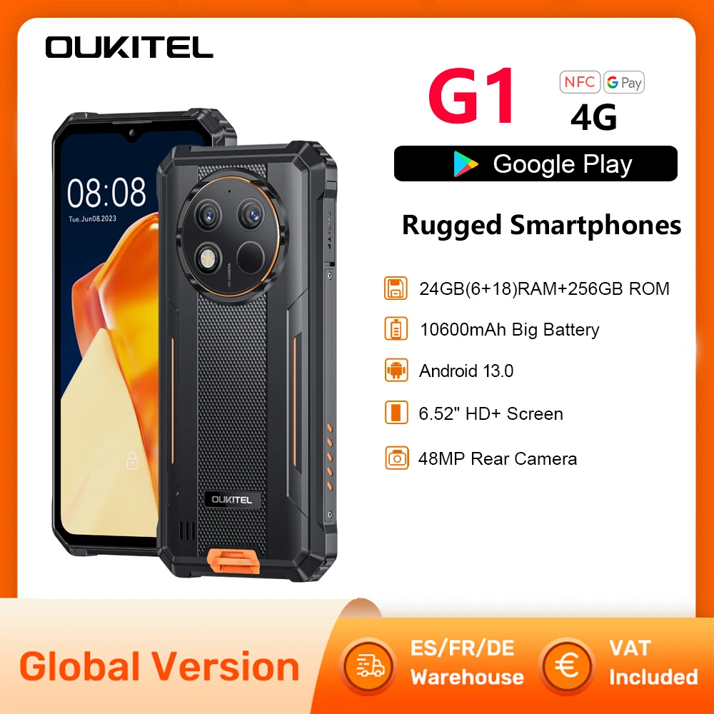 【Brand+】OUKITEL G1 Wytrzymały Telefon - 24(6+18)GB+256GB, Ekran 6.52 cala, Wodoodporność IP68, Smartfon z NFC, Android 14, Aparat 48MP