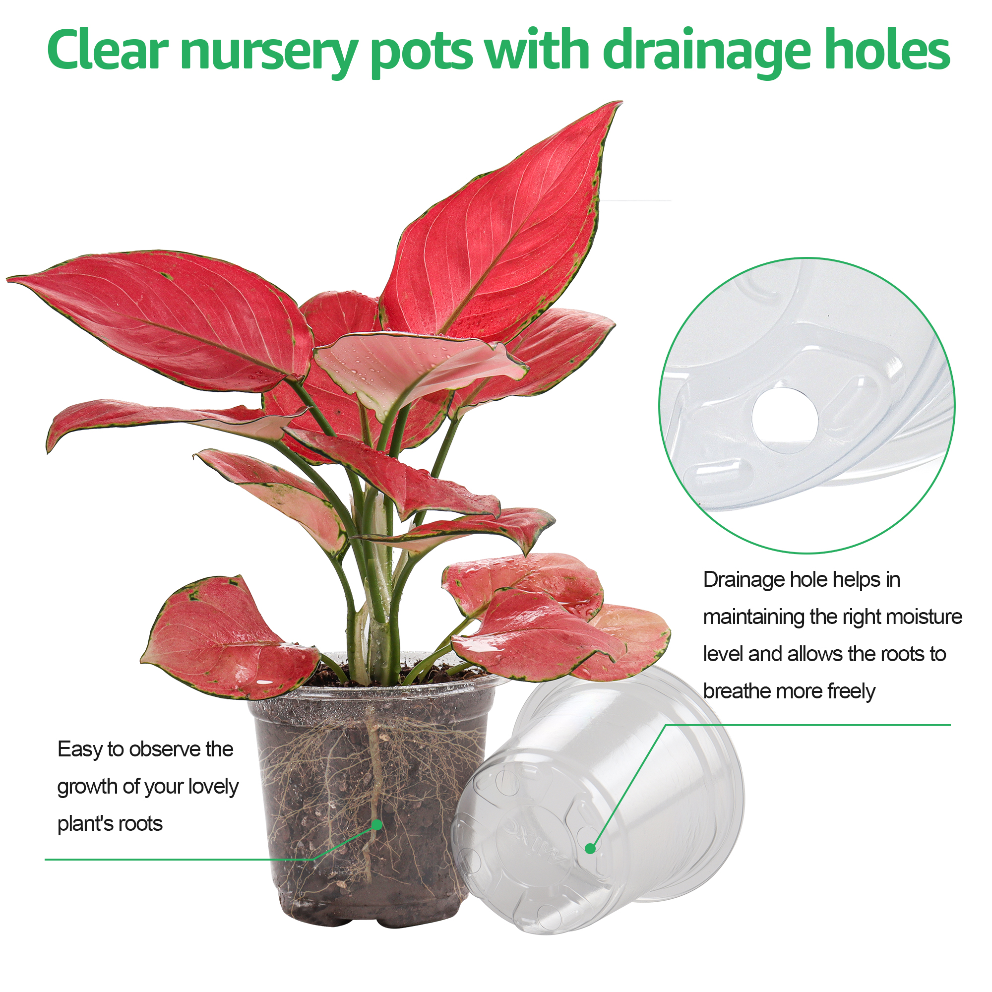 30 paquetes de macetas transparentes para vivero de 3,5/4/5 pulgadas, macetero de plástico transparente con orificios de drenaje, recipiente para plantas y flores
